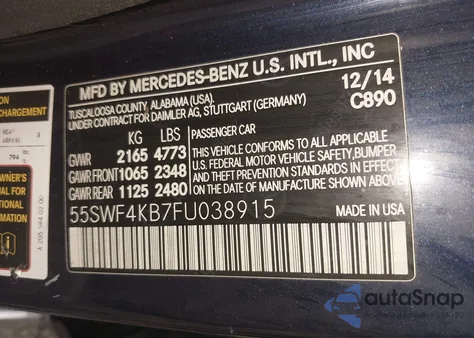 2015 Mercedes-Benz C 300 4Matic/Luxury 4Matic/Sport 4Matic из США, поврежденный, VIN 55SWF4KB7FU038915